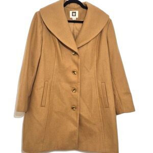 Vintage Anne Klein Wool Blend Shawl Collar Coat XL Camel Overcoat Mid Length